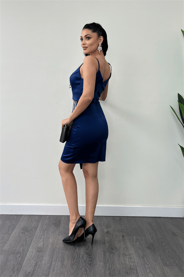 Saten Kumaş Boncuk Detaylı Elbise - LACİVERT - 5