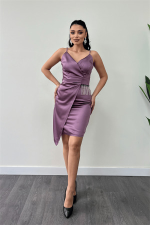 Saten Kumaş Boncuk Detaylı Elbise - LİLA - Angelino Moda