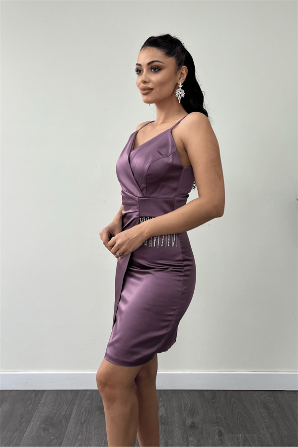 Saten Kumaş Boncuk Detaylı Elbise - LİLA - 4