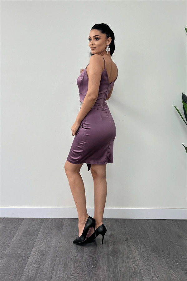 Saten Kumaş Boncuk Detaylı Elbise - LİLA - 5