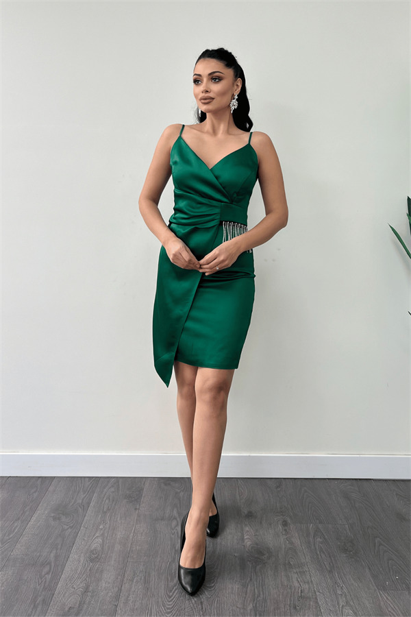 Saten Kumaş Boncuk Detaylı Elbise - ZÜMRÜT YEŞİL - 2