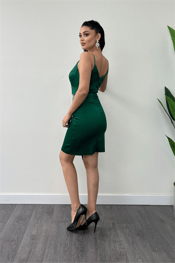 Saten Kumaş Boncuk Detaylı Elbise - ZÜMRÜT YEŞİL - 5