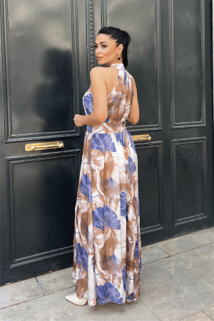 Saten Kumas Boyundan Bağlamalı Elbise - MAVİ - 5