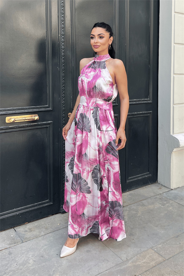 Saten Kumas Boyundan Bağlamalı Elbise - PEMBE - 1