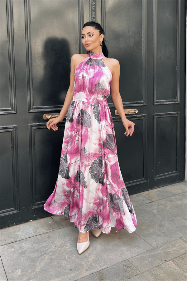 Saten Kumas Boyundan Bağlamalı Elbise - PEMBE - 2