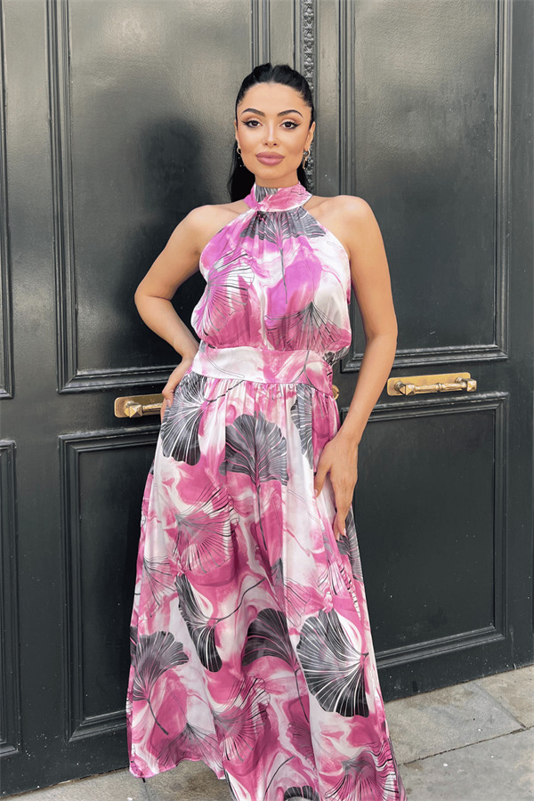 Saten Kumas Boyundan Bağlamalı Elbise - PEMBE - 3