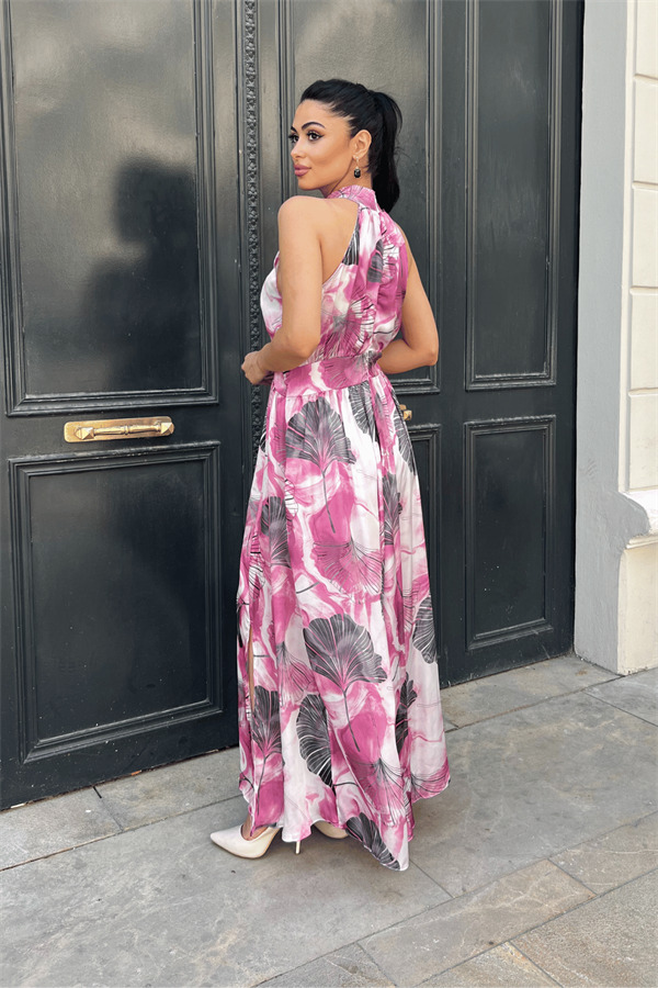 Saten Kumas Boyundan Bağlamalı Elbise - PEMBE - 5