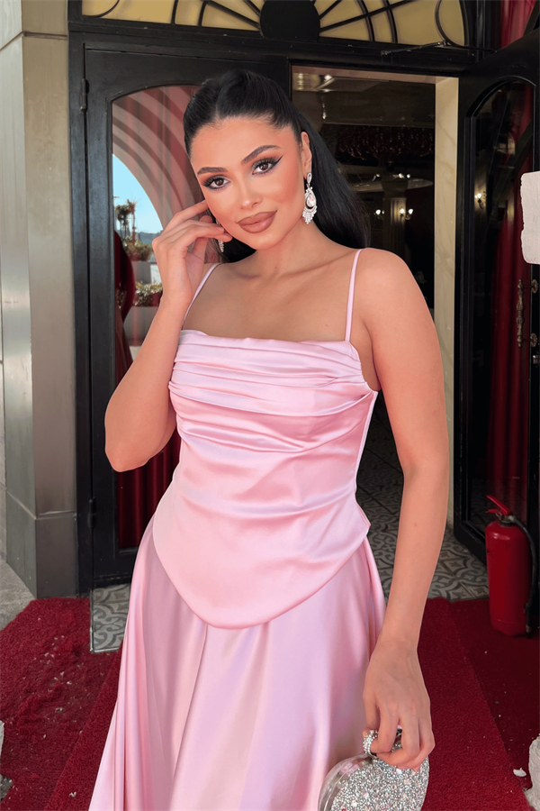 Saten Kumaş Büzgü Detaylı Askılı Abiye Elbise - PEMBE - 3
