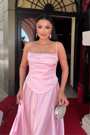 Saten Kumaş Büzgü Detaylı Askılı Abiye Elbise - PEMBE - 4