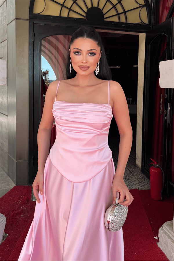 Saten Kumaş Büzgü Detaylı Askılı Abiye Elbise - PEMBE - 4
