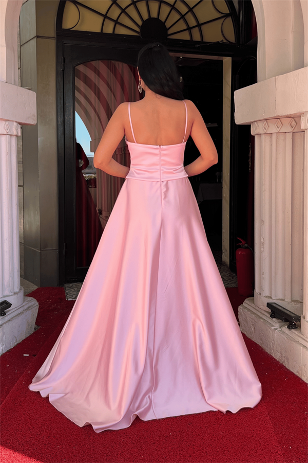 Saten Kumaş Büzgü Detaylı Askılı Abiye Elbise - PEMBE - 5