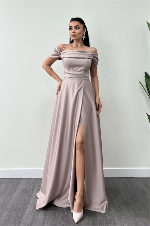 Saten Kumaş Büzgülü Askılı Abiye Elbise - BEJ - Angelino Moda