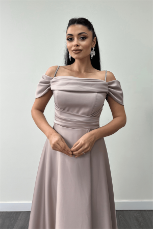 Saten Kumaş Büzgülü Askılı Abiye Elbise - BEJ - Angelino Moda (1)