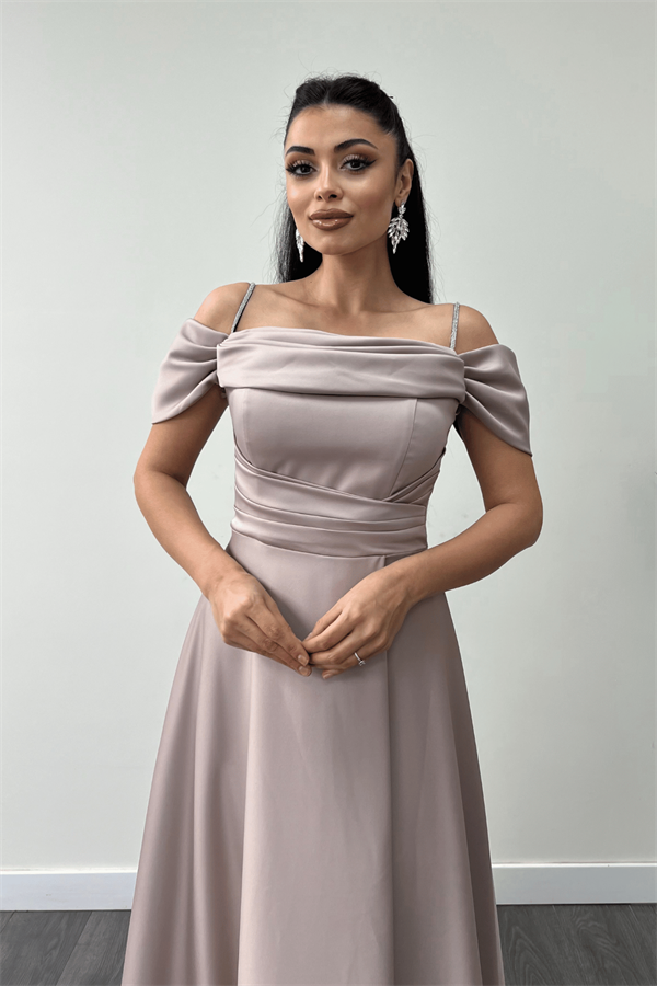 Saten Kumaş Büzgülü Askılı Abiye Elbise - BEJ - 2