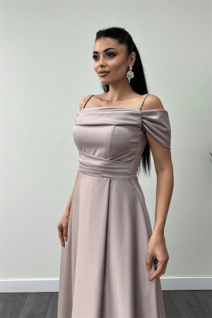 Saten Kumaş Büzgülü Askılı Abiye Elbise - BEJ - 3