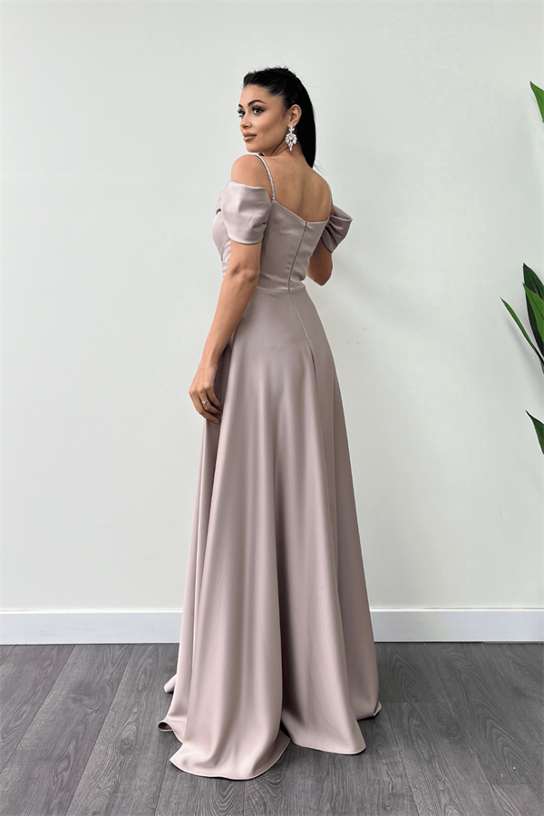 Saten Kumaş Büzgülü Askılı Abiye Elbise - BEJ - 4