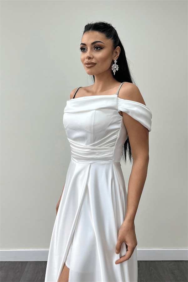 Saten Kumaş Büzgülü Askılı Abiye Elbise - BEYAZ - 3