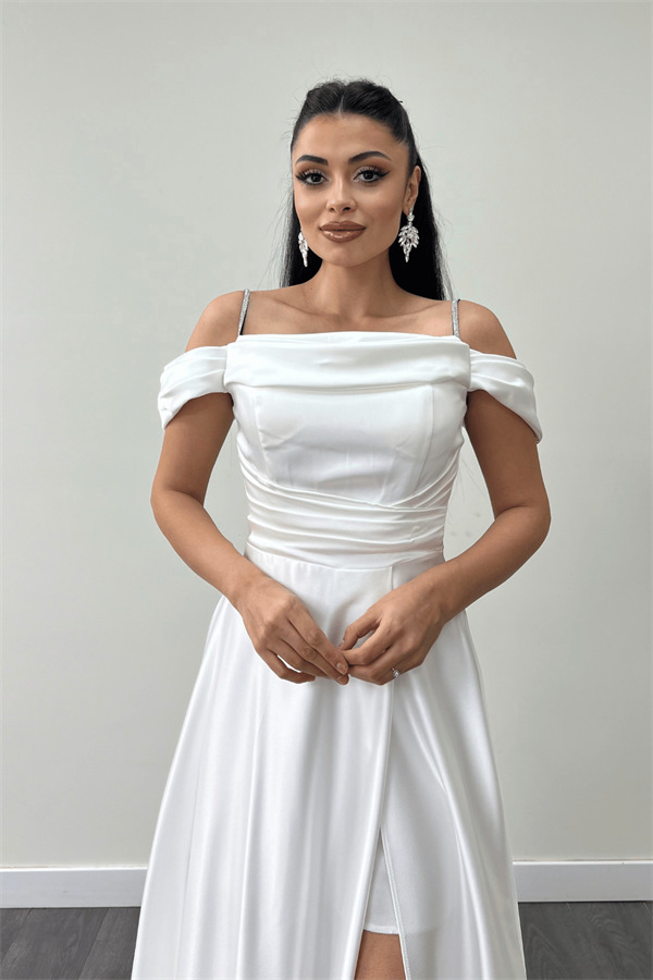 Saten Kumaş Büzgülü Askılı Abiye Elbise - BEYAZ - 4