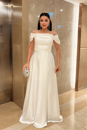 Saten Kumaş Büzgülü Askılı Abiye Elbise - BEYAZ - 1