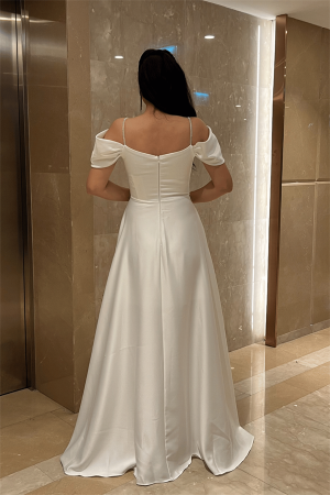 Saten Kumaş Büzgülü Askılı Abiye Elbise - BEYAZ - 5
