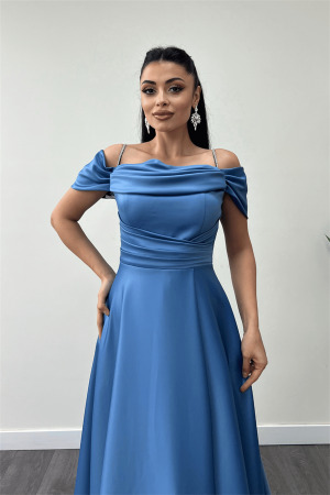 Saten Kumaş Büzgülü Askılı Abiye Elbise - İNDİGO MAVİ - 3