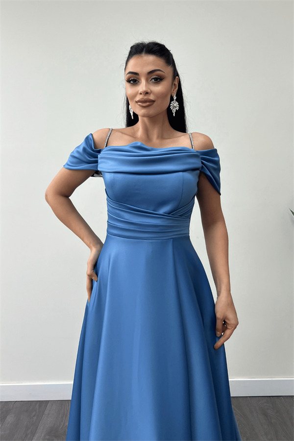 Saten Kumaş Büzgülü Askılı Abiye Elbise - İNDİGO MAVİ - 3