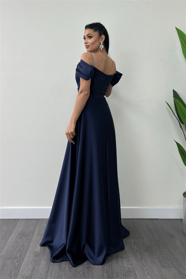 Saten Kumaş Büzgülü Askılı Abiye Elbise - LACİVERT - 5