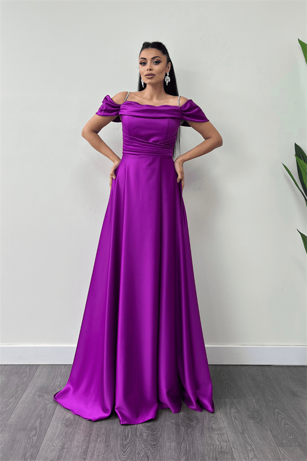 Saten Kumaş Büzgülü Askılı Abiye Elbise - MOR - 1