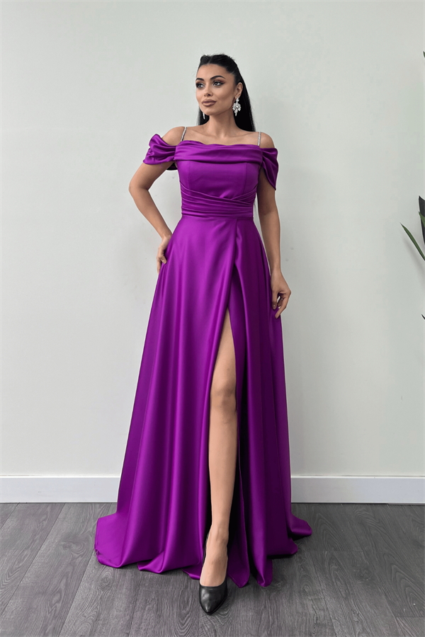 Saten Kumaş Büzgülü Askılı Abiye Elbise - MOR - 2