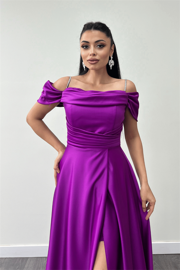 Saten Kumaş Büzgülü Askılı Abiye Elbise - MOR - 3
