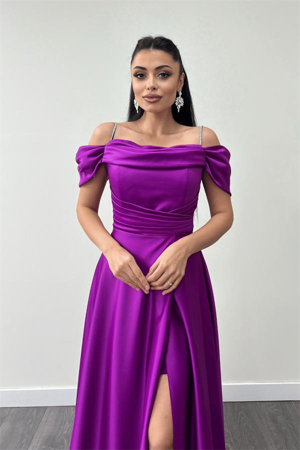 Saten Kumaş Büzgülü Askılı Abiye Elbise - MOR - 4