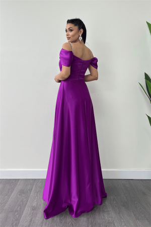 Saten Kumaş Büzgülü Askılı Abiye Elbise - MOR - 5
