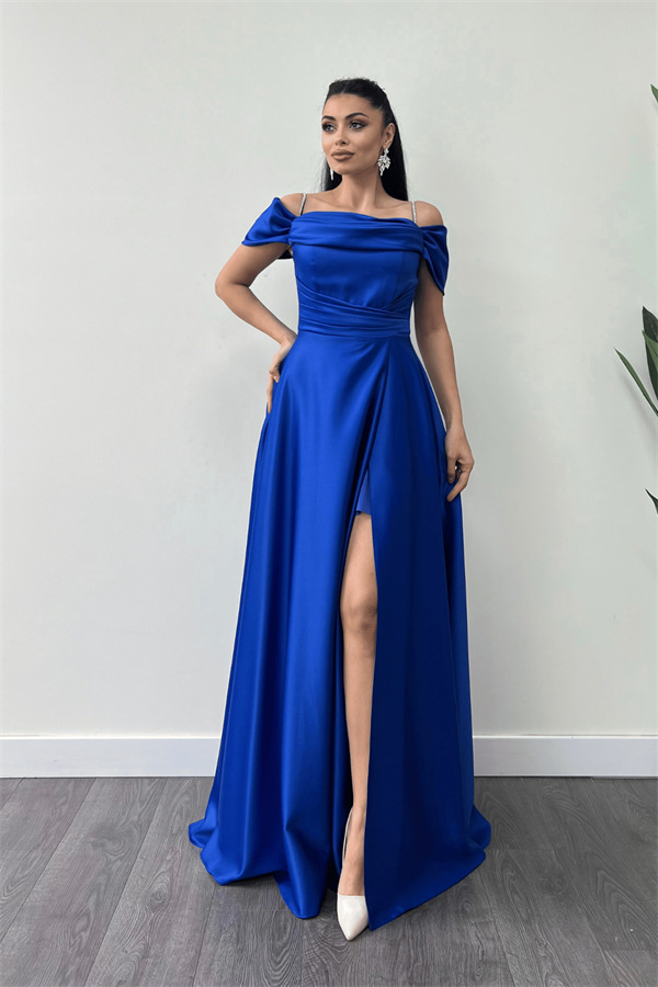Saten Kumaş Büzgülü Askılı Abiye Elbise - SAKS MAVİ - 2