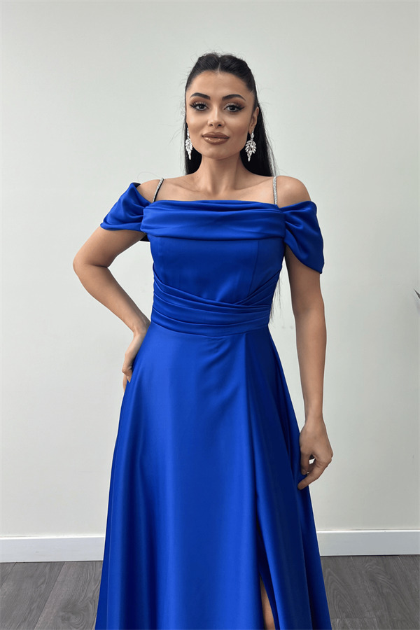 Saten Kumaş Büzgülü Askılı Abiye Elbise - SAKS MAVİ - 3