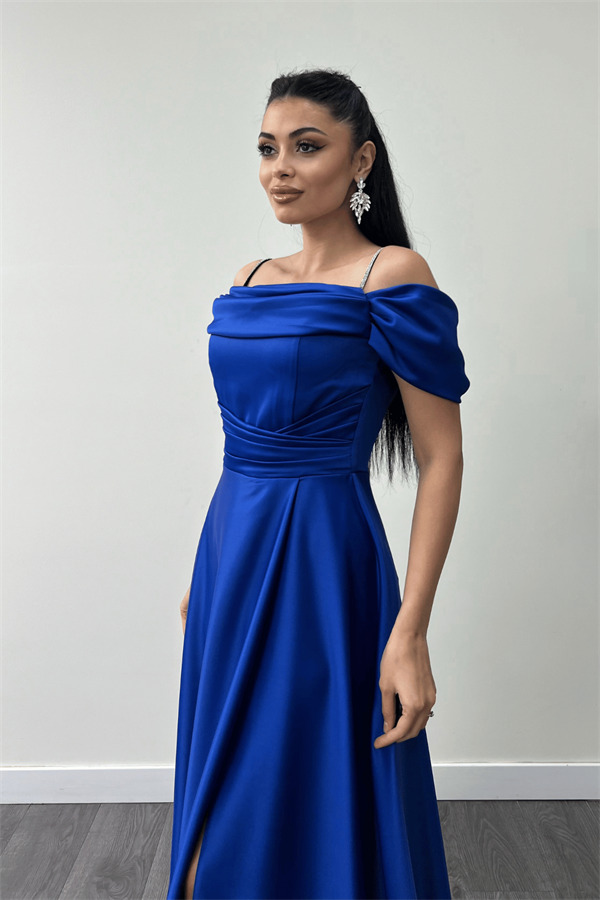 Saten Kumaş Büzgülü Askılı Abiye Elbise - SAKS MAVİ - 4