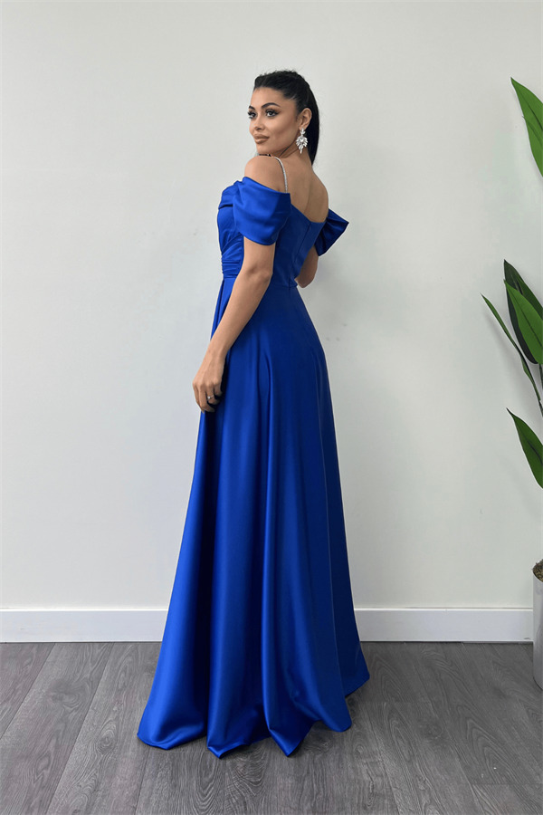 Saten Kumaş Büzgülü Askılı Abiye Elbise - SAKS MAVİ - 5
