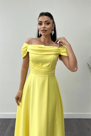 Saten Kumaş Büzgülü Askılı Abiye Elbise - SARI - 3