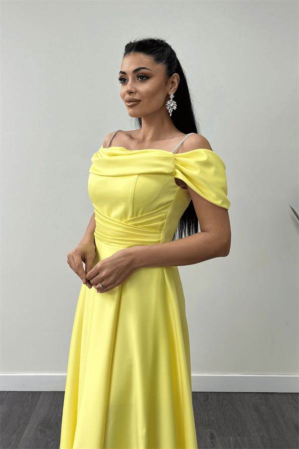 Saten Kumaş Büzgülü Askılı Abiye Elbise - SARI - 4