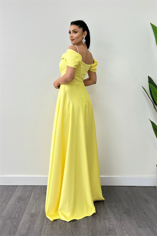 Saten Kumaş Büzgülü Askılı Abiye Elbise - SARI - 5