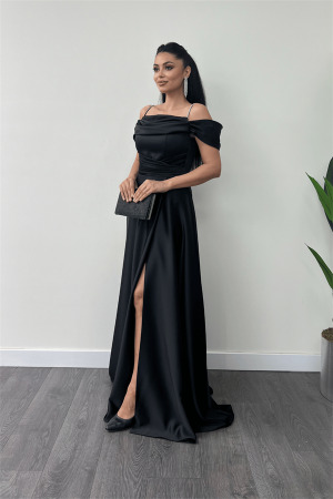 Saten Kumaş Büzgülü Askılı Abiye Elbise - SİYAH - Angelino Moda (1)