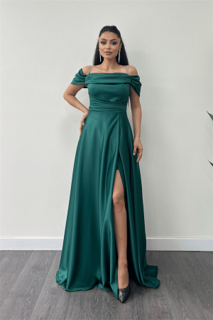 Saten Kumaş Büzgülü Askılı Abiye Elbise - ZÜMRÜT YEŞİL - Angelino Moda