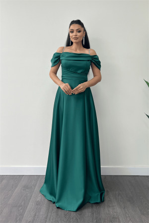 Saten Kumaş Büzgülü Askılı Abiye Elbise - ZÜMRÜT YEŞİL - Angelino Moda (1)