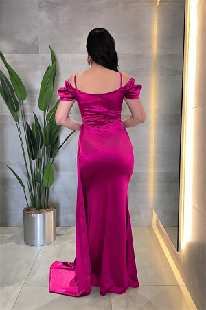 Saten Kumaş Büzgülü Şal Detaylı Abiye Elbise - FUŞYA - 3