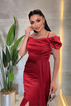 Saten Kumaş Büzgülü Şal Detaylı Abiye Elbise - KIRMIZI - Angelino Moda (1)
