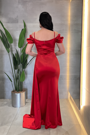 Saten Kumaş Büzgülü Şal Detaylı Abiye Elbise - KIRMIZI - 3