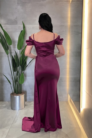 Saten Kumaş Büzgülü Şal Detaylı Abiye Elbise - MÜRDÜM - 3