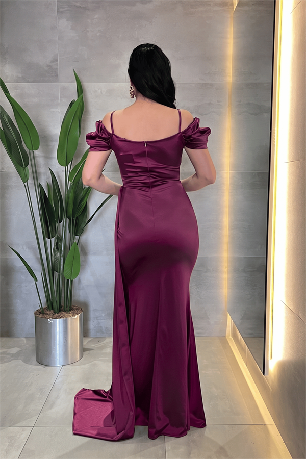 Saten Kumaş Büzgülü Şal Detaylı Abiye Elbise - MÜRDÜM - 3