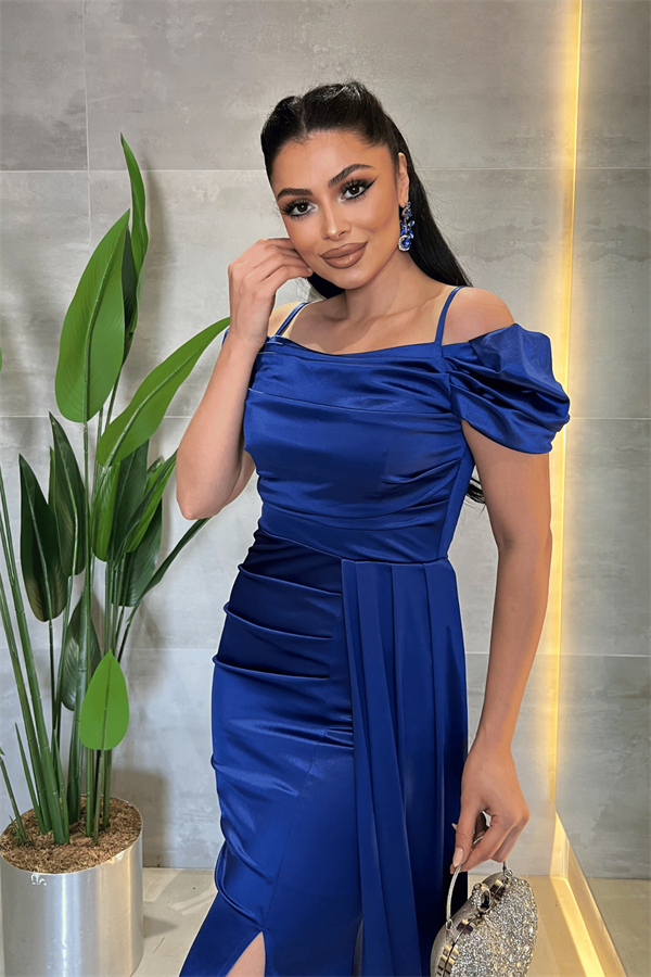 Saten Kumaş Büzgülü Şal Detaylı Abiye Elbise - SAKS MAVİ - 4