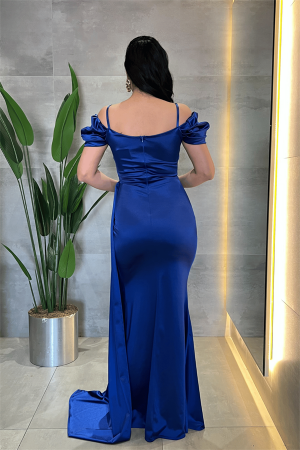 Saten Kumaş Büzgülü Şal Detaylı Abiye Elbise - SAKS MAVİ - 5