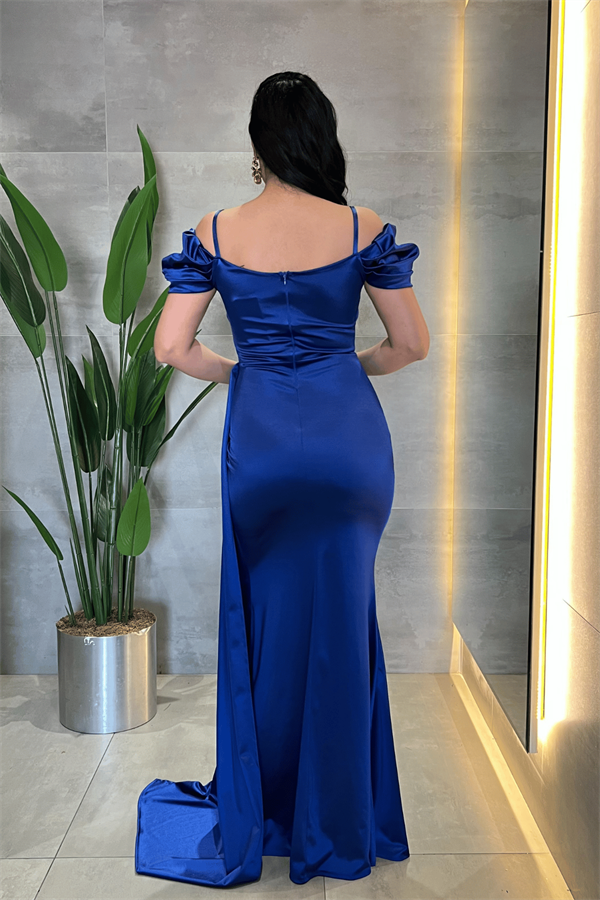 Saten Kumaş Büzgülü Şal Detaylı Abiye Elbise - SAKS MAVİ - 5